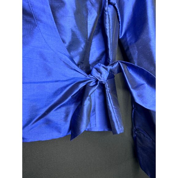 Women's Royal Blue Shiny 100% Silk Wrap Holiday Party Blouse - Picture 3 of 9
